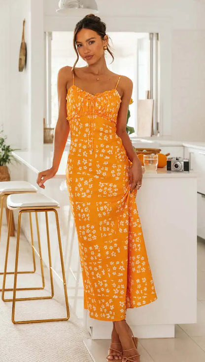 Printed Backless Maxi V-Neck Spaghetti Strap Summer Dress