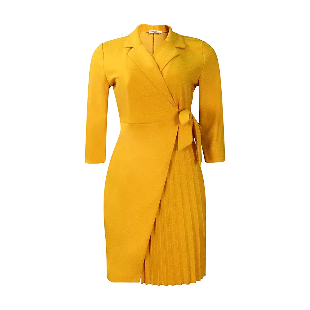 Pleated Suit Collar with Tie Waist Dress