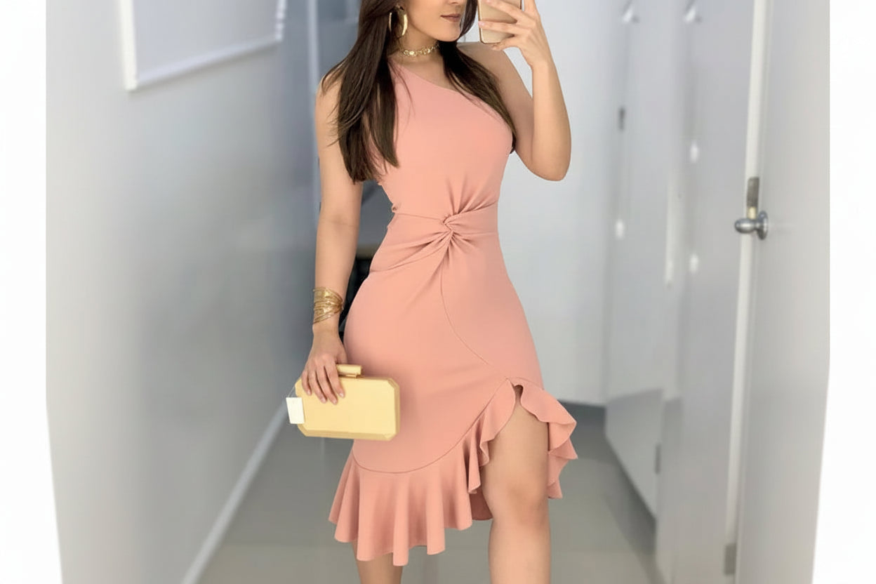 One-Shoulder Knotted Dress - Sleeveless Knee-Length Cocktail Dress