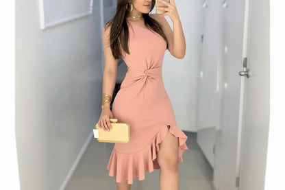 One-Shoulder Knotted Dress - Sleeveless Knee-Length Cocktail Dress
