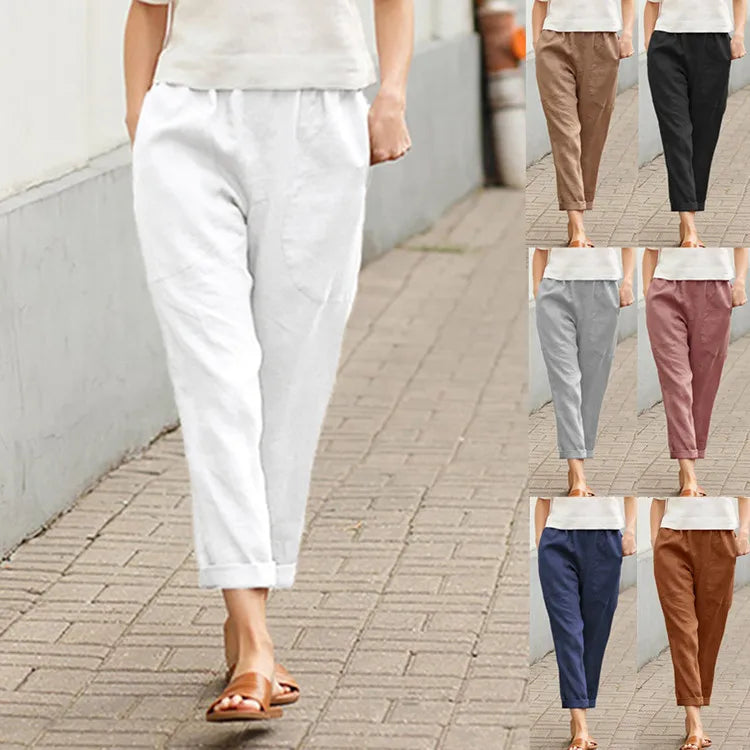 Cotton Linen Cropped Pants - Women's Casual Straight Leg Trousers with Pockets
