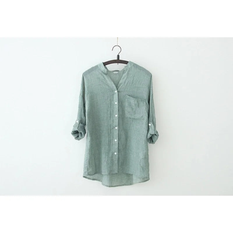 Cotton Linen Button-Up Blouse Loose Fit Casual Shirt