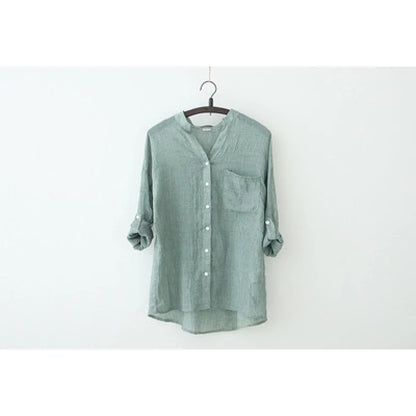 Cotton Linen Button-Up Blouse Loose Fit Casual Shirt