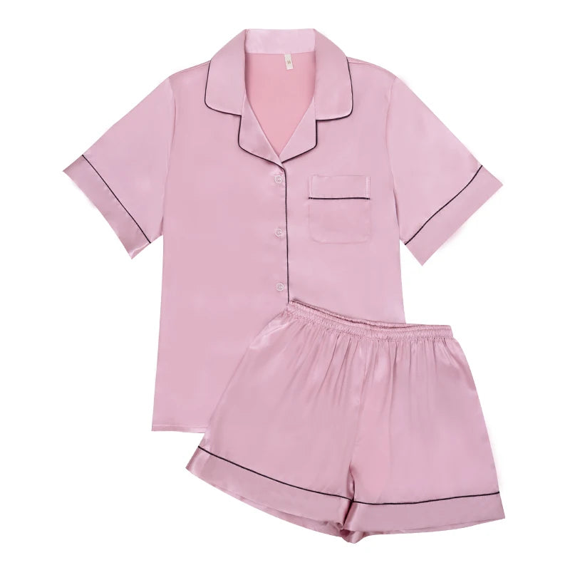 Satin Pajama Set - Short Sleeve Top & Elastic Waist Shorts