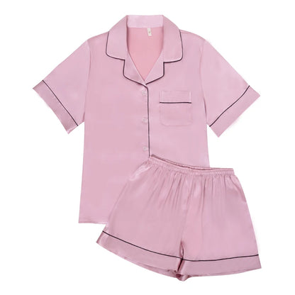 Satin Pajama Set - Short Sleeve Top & Elastic Waist Shorts
