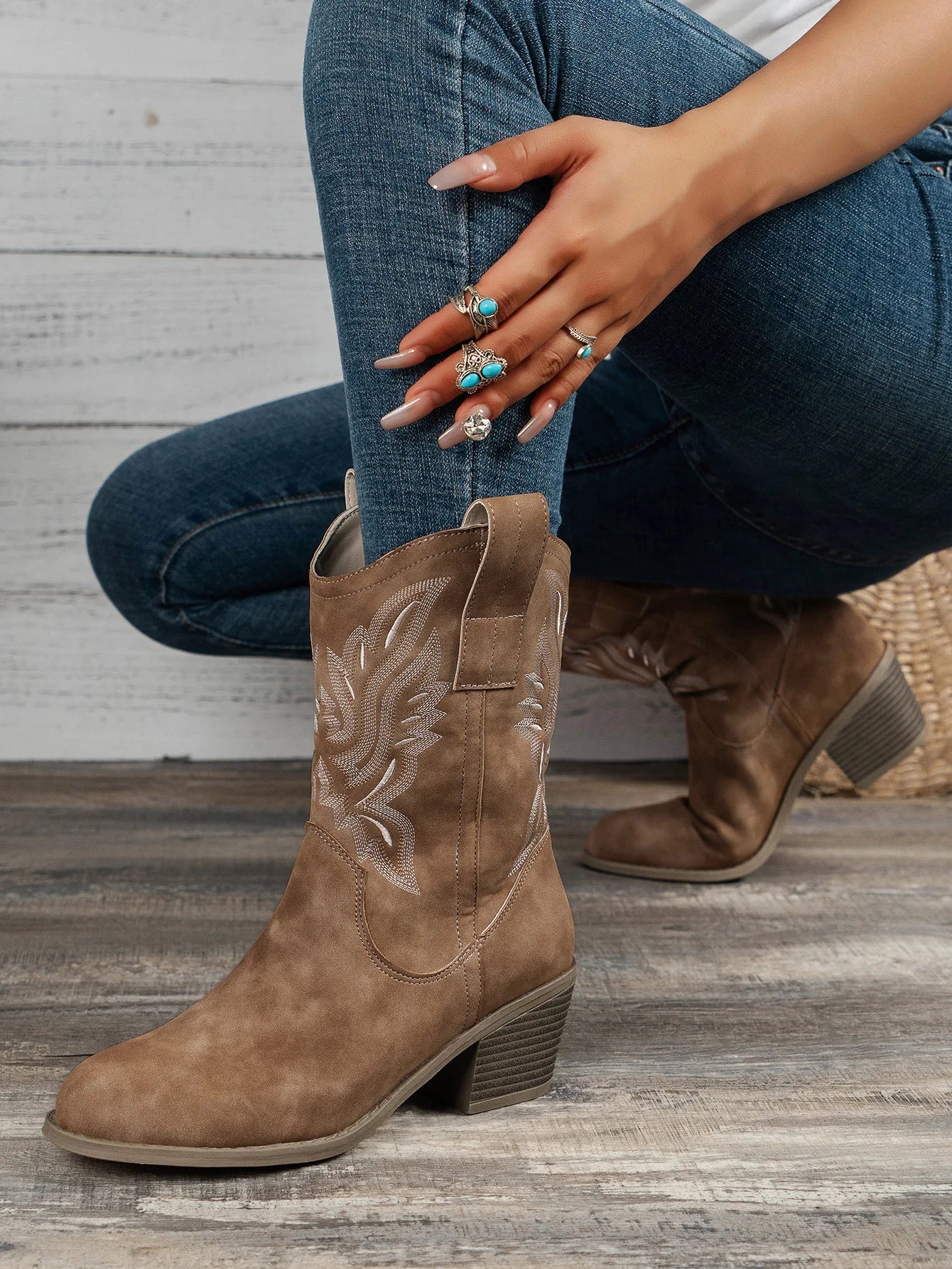 Retro Western Cowboy Genuine Leather Mid-Calf Riding Boots