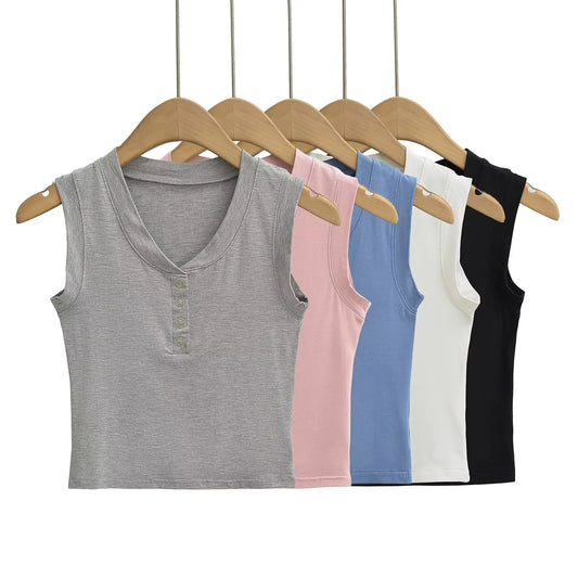 Sleeveless Button T-Shirt - Retro Slim Fit Casual Top