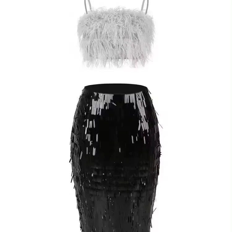 Feather Crop Top & Sequin Bodycon Skirt
