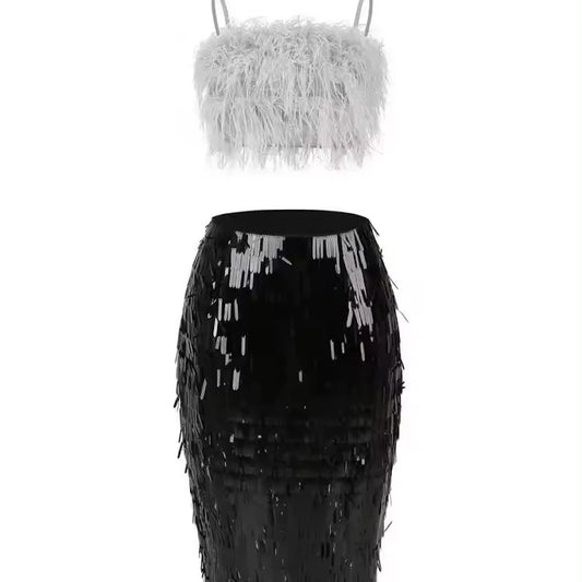 Feather Crop Top & Sequin Bodycon Skirt