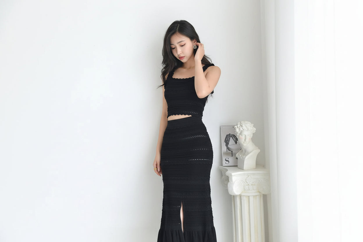 Two Piece Knit Set - Square Neck Tank Top & Ruffled Midi Skirt
