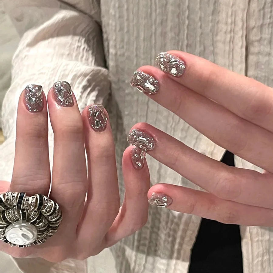 Sparkling Diamond Press-On Nails - Full Glitter Powder Acrylic (30 Pieces)