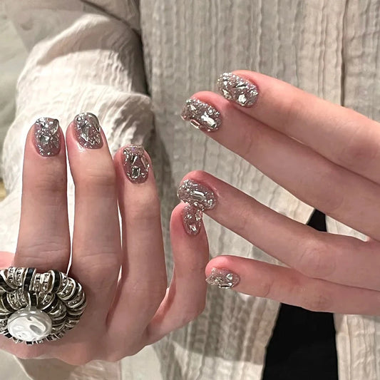 Sparkling Diamond Press-On Nails - Full Glitter Powder Acrylic (30 Pieces)