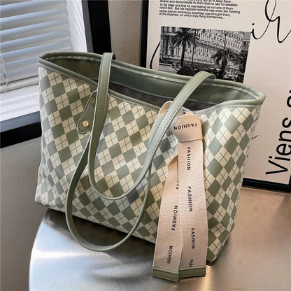 Large Plaid Designer Shoulder Handbag with Ribbon Detail