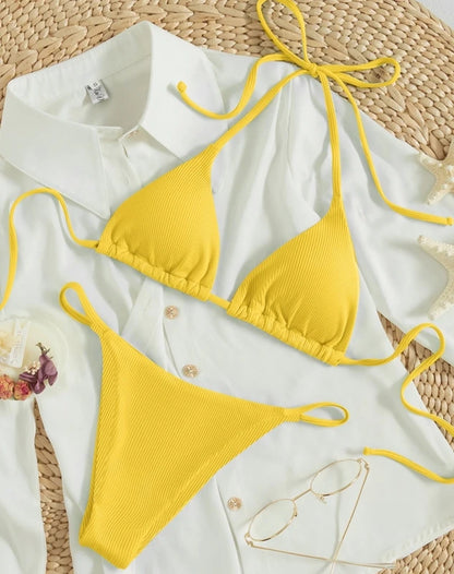 Ribbed Bikini Set with Printed Pattern - Sexy Two-Piece Swimsuit