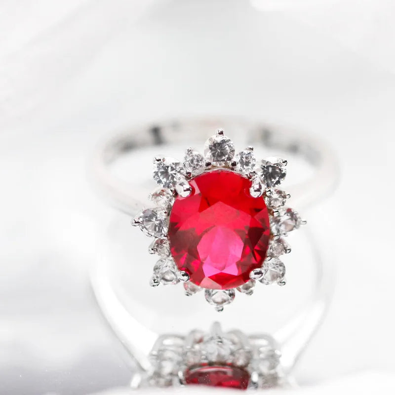 Lab-Grown Ruby Ring - Oval Cut 925 Sterling Silver Pavé Setting