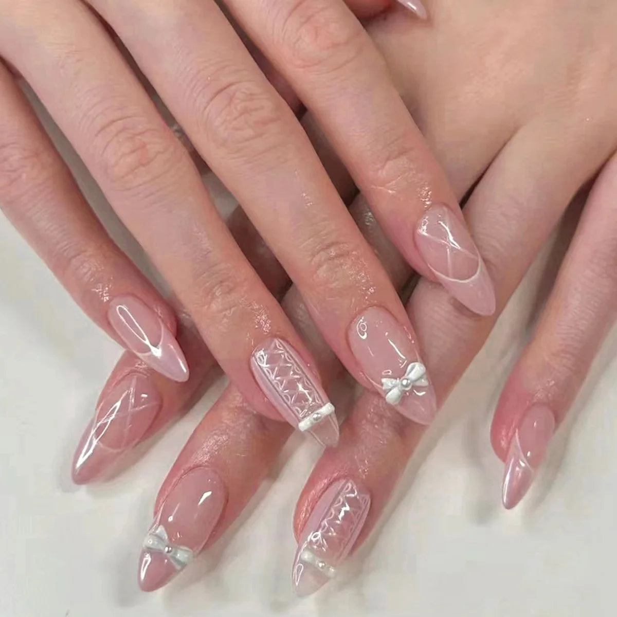 3D Bow French Press-On Nails - Silver Sparkling Diamond Pearl Acrylic Nails