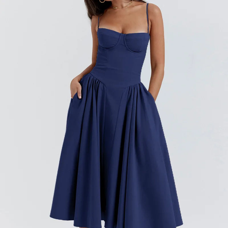 Elegant Retro Suspender A-Line Midi Dress