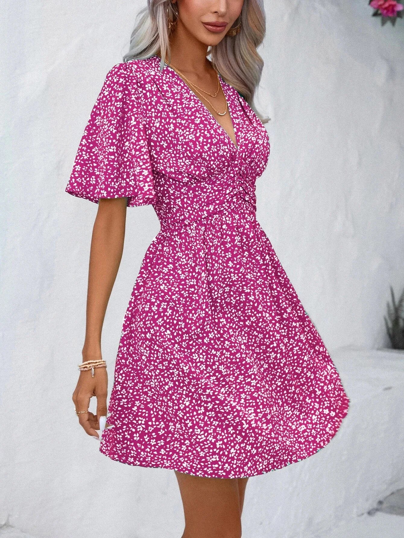 V-Neck Floral Print Pleated Short Sleeve High-Waisted Summer Dress