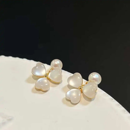 Cat's Eye Clover Freshwater Pearl Huggie Earrings