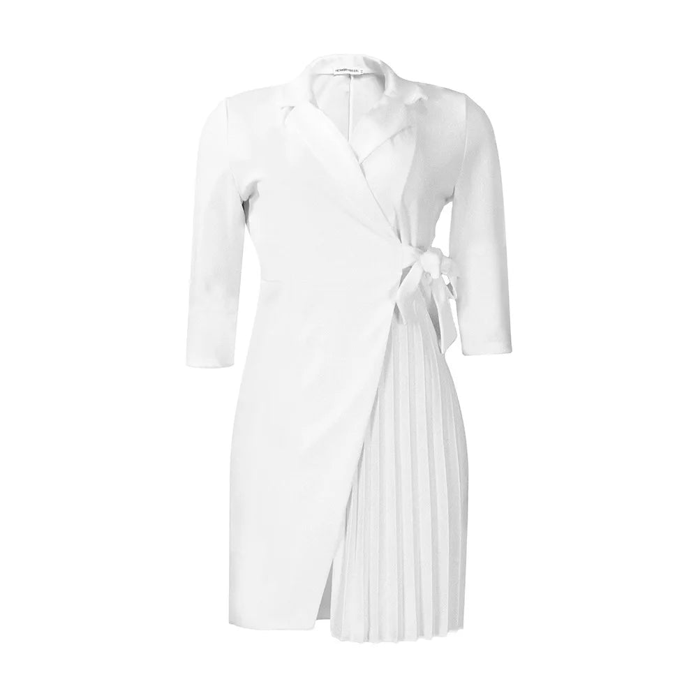 Pleated Suit Collar with Tie Waist Dress