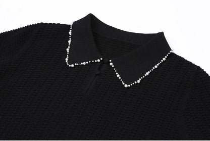 Two Piece Knit Beaded Set - Short Sleeve Top & Skirt