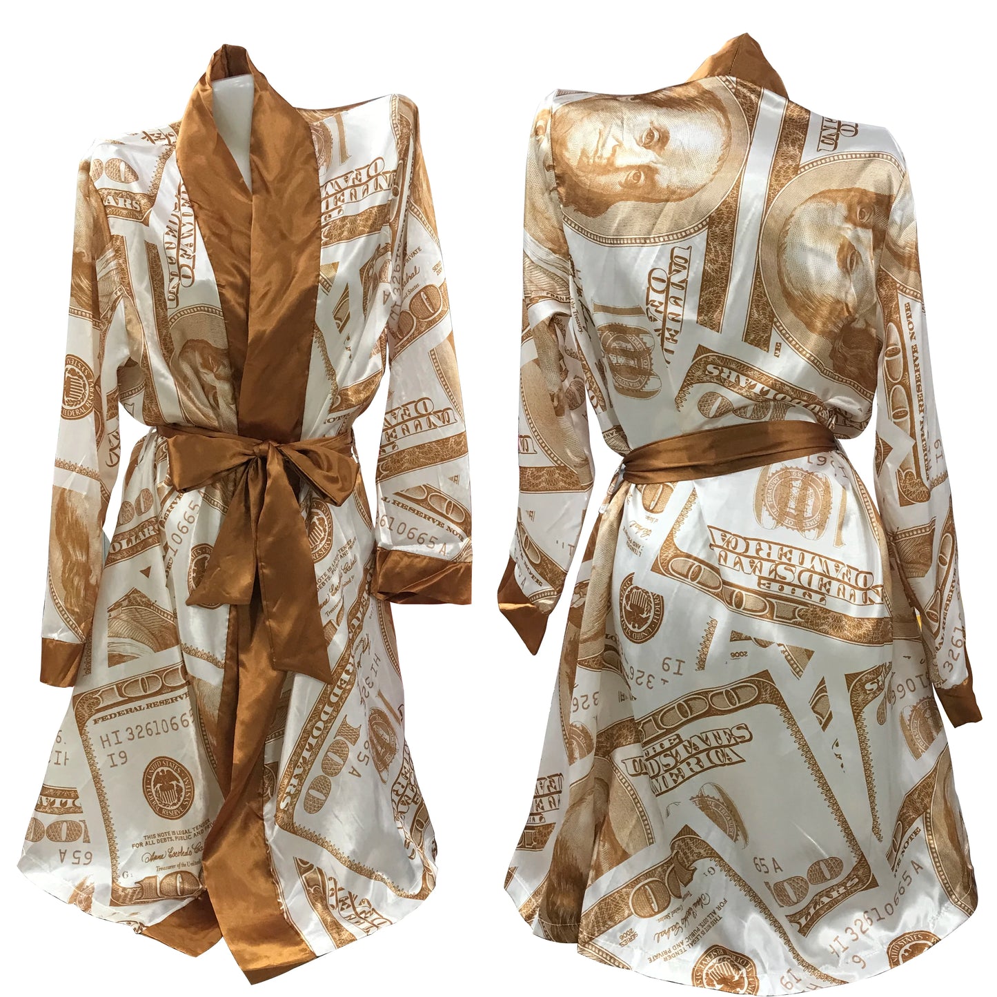 Luxury Money Print Satin Bathrobe & Sash