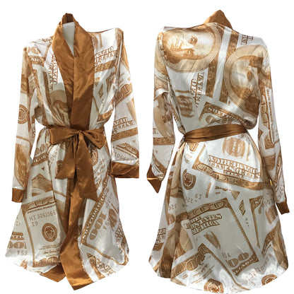 Luxury Money Print Satin Bathrobe & Sash