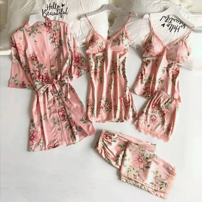5-Piece Satin Pajama Set with Robe - Luxury Sleepwear Collection