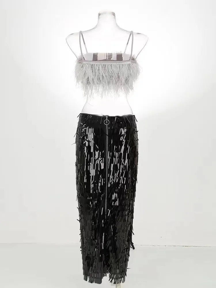 Feather Crop Top & Sequin Bodycon Skirt