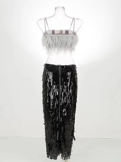 Feather Crop Top & Sequin Bodycon Skirt