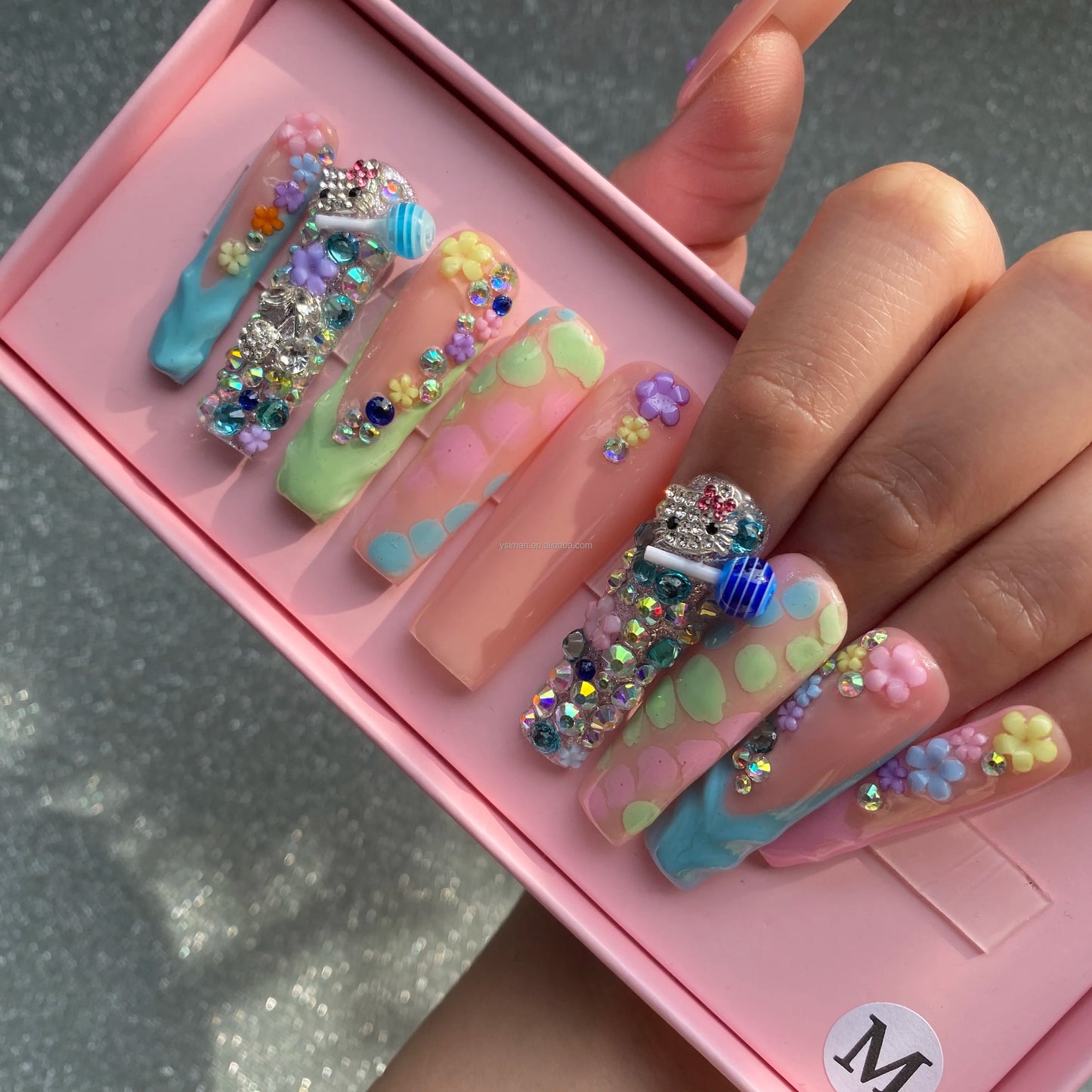 XL Glittery Rhinestone Press-On Nails - 50mm Long Full Cover Artificial Nails