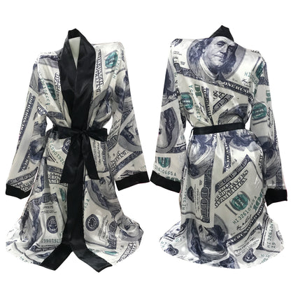 Luxury Money Print Satin Bathrobe & Sash