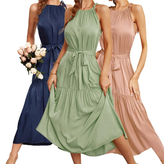 Elegant Sleeveless Midi Dress - A-Line Summer Dress with Ruffles