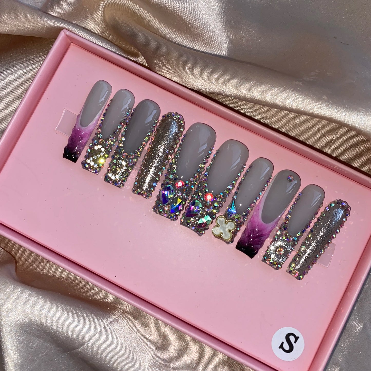 XL Glittery Rhinestone Press-On Nails - 50mm Long Full Cover Artificial Nails