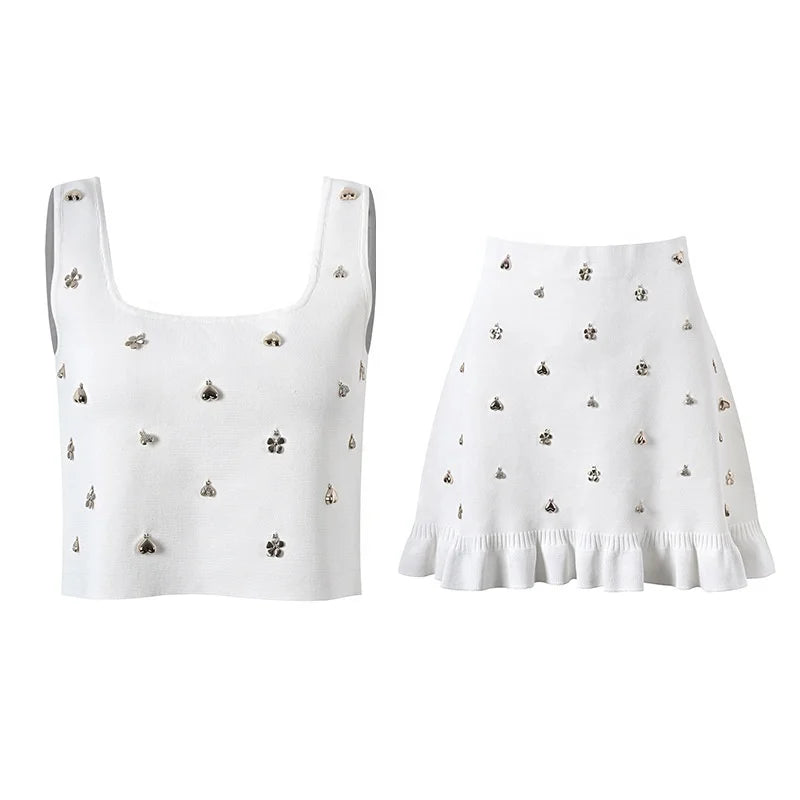 Two Piece Embellished Vest & Lotus Leaf Mini Skirt Set