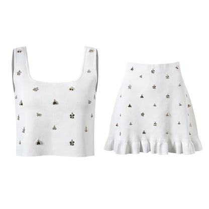 Two Piece Embellished Vest & Lotus Leaf Mini Skirt Set