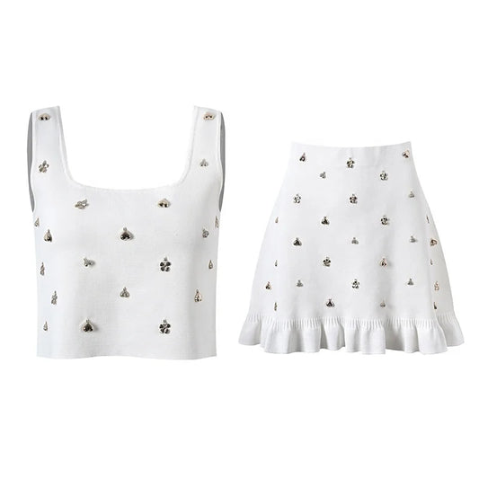 Two Piece Embellished Vest & Lotus Leaf Mini Skirt Set