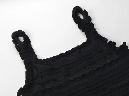 Two Piece Knit Set - Square Neck Tank Top & Ruffled Midi Skirt