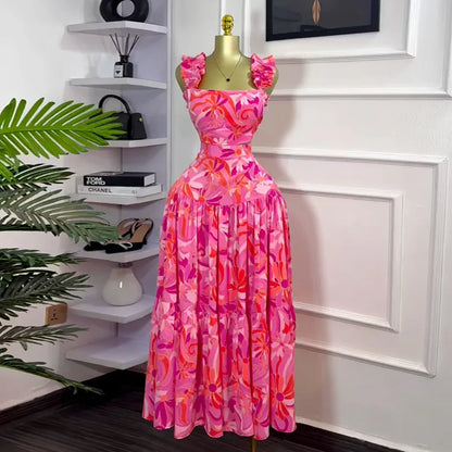 2-PiePrinted Vest & High Waist Swing Skirt