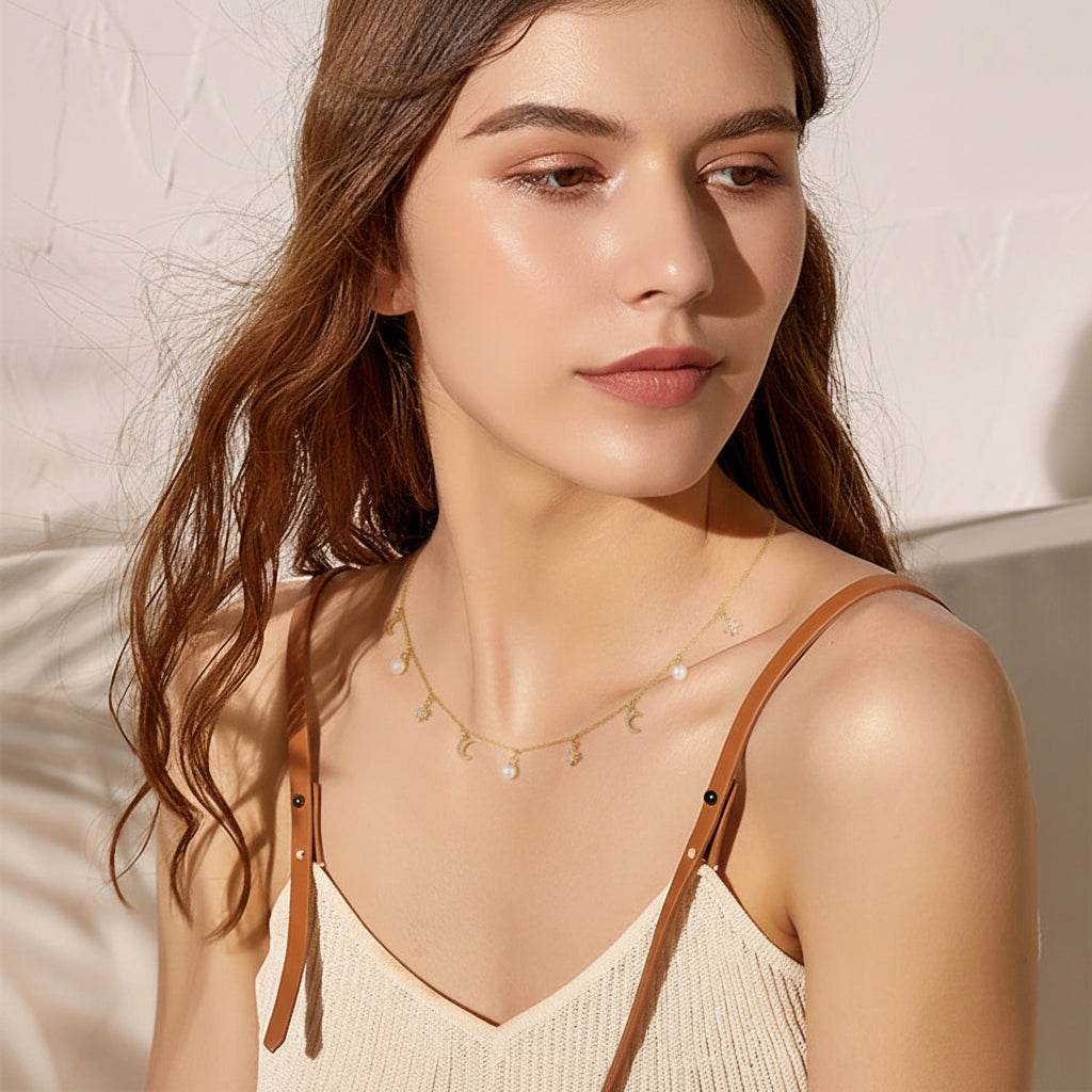 Sterling Silver Moon Star Pearl Necklace - Natural Freshwater Pearl with Cubic Zirconia