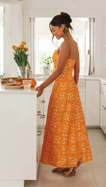 Printed Backless Maxi V-Neck Spaghetti Strap Summer Dress