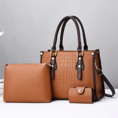 Luxury 3-Piece Handbag Set - Designer PU Leather Tote, Shoulder & Crossbody Bags