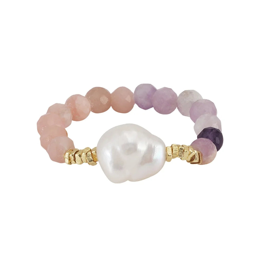 Natural Stone Healing Ring - Opal & Pearl Adjustable Bead Ring