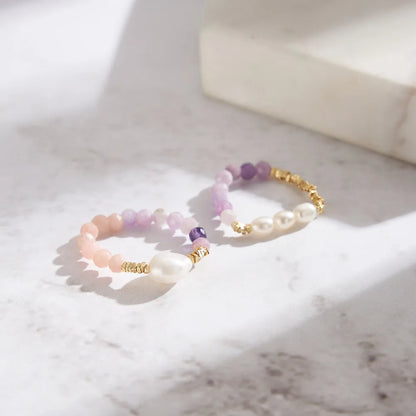 Natural Stone Healing Ring - Opal & Pearl Adjustable Bead Ring