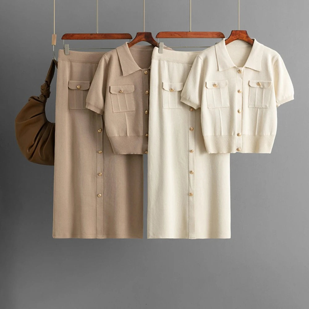 Button Collar Short Sleeve Top & Ankle-Length Skirt