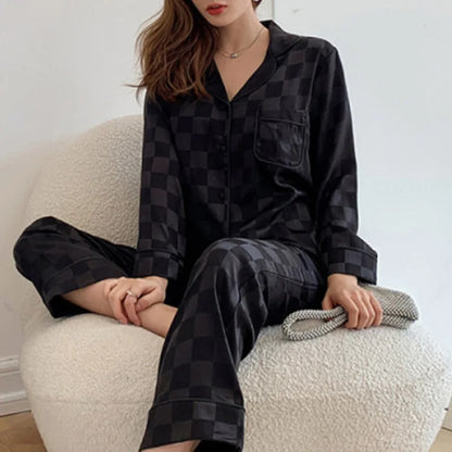 Satin Ice Silk Pajama Set - Long Sleeve Sleepwear Plus Size