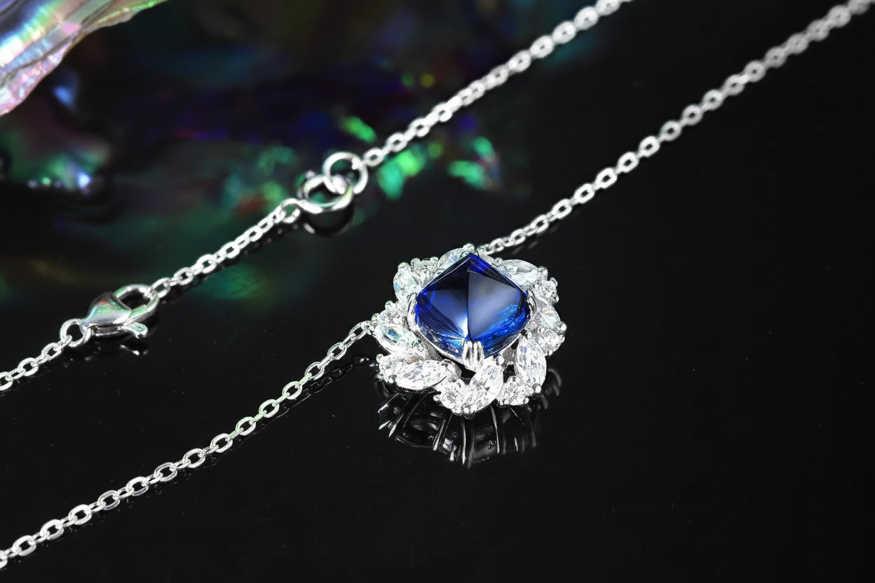 Vintage Flower Necklace - Sterling 925 Silver Lab Grown Gemstone Pendant