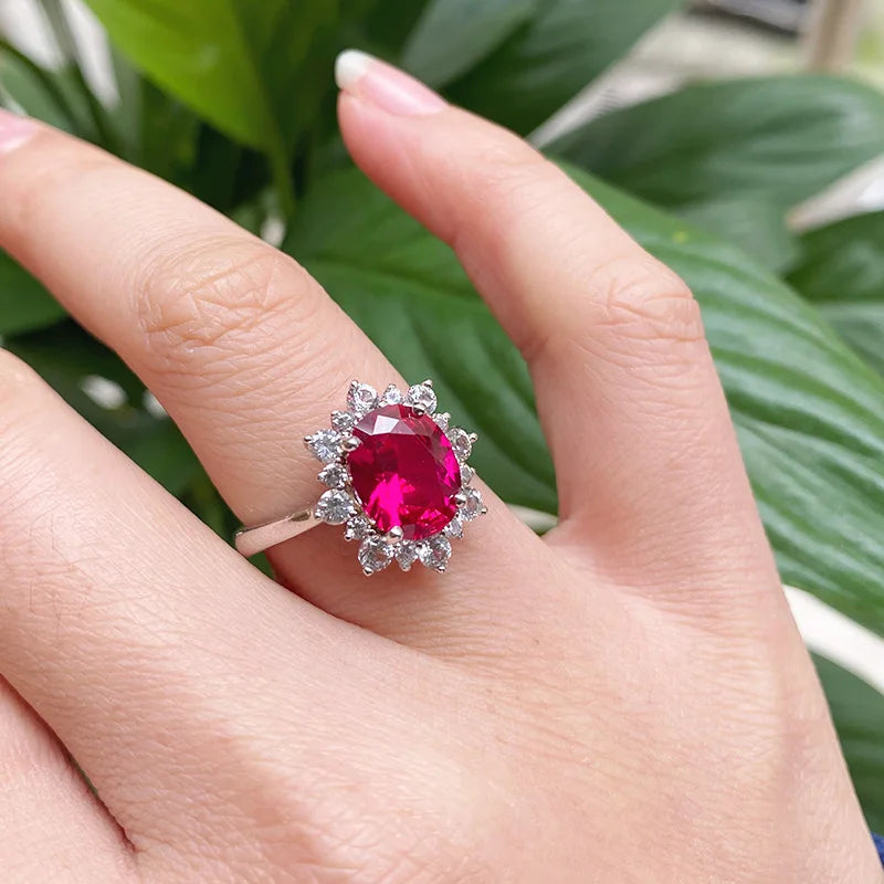 Lab-Grown Ruby Ring - Oval Cut 925 Sterling Silver Pavé Setting