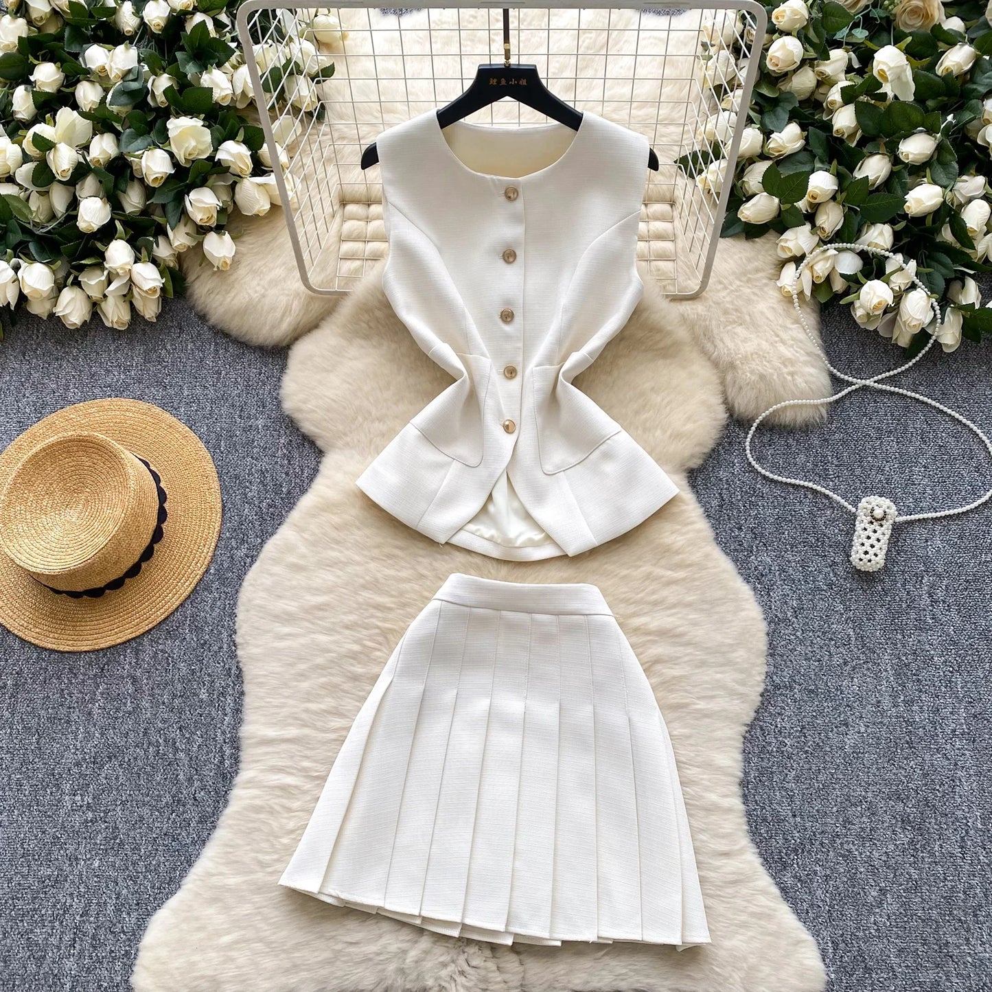 Roman 2-Piece Set - Sleeveless O-Neck Top & Skirt Outfit