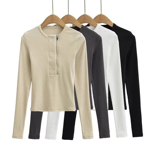 Women's Snake Bone Pattern Half Zip Shirt - Retro Long Sleeve Slim Fit Casual Top